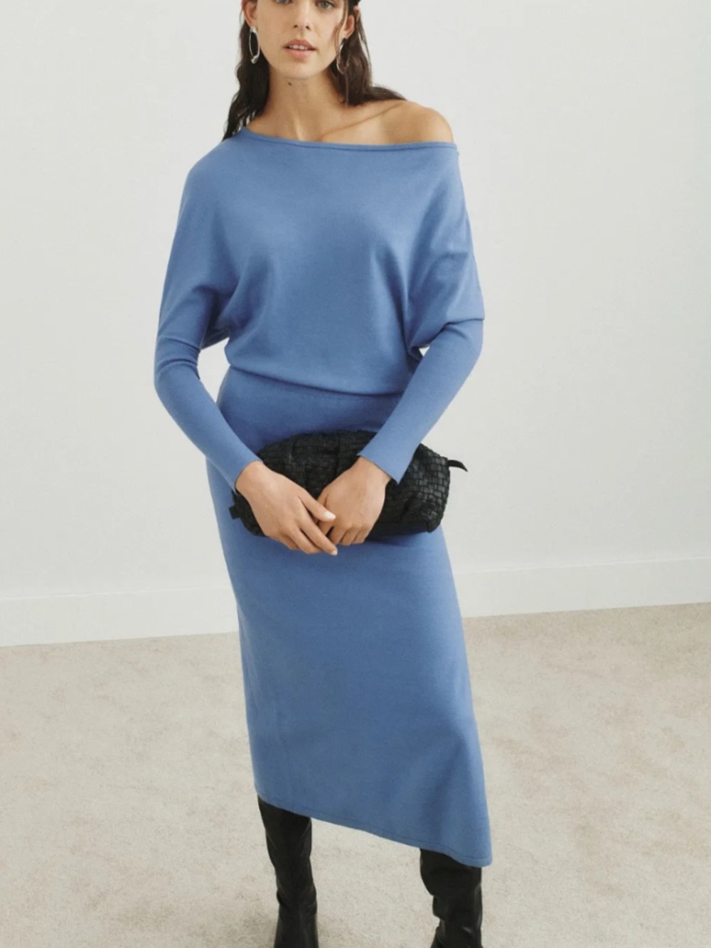 SIMKHAI Horizon Knit Midi Dress Off Shoulder Blue Size M
